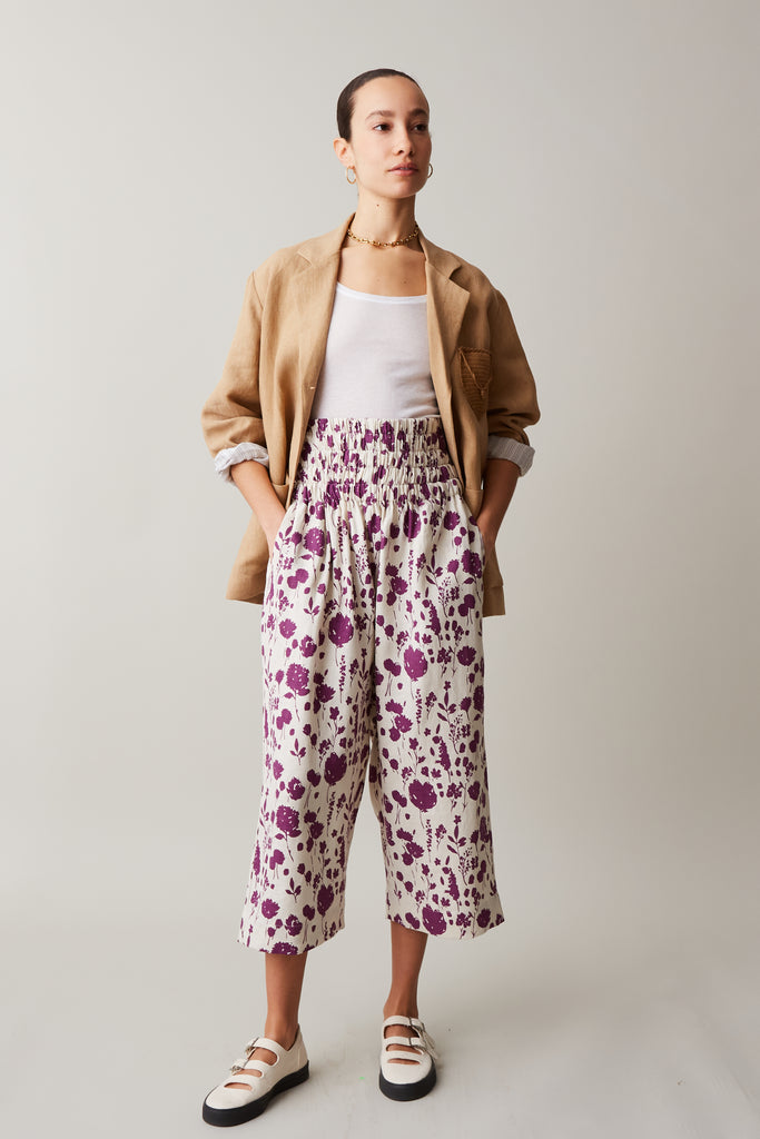 NORA PANT PLUM FLOATING FLORAL LINEN CARON CALLAHAN