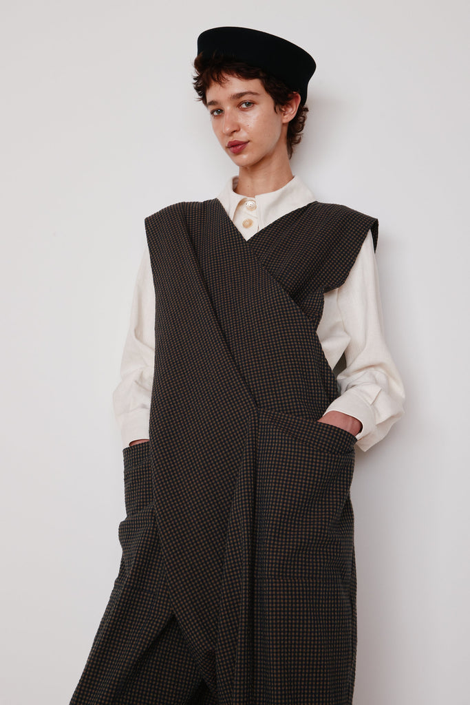 MARS CRISCROSS JUMPSUIT | BLACK & CAMEL GINGHAM SEERSUCKER – CARON