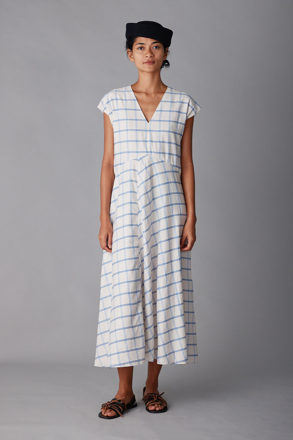 ENZO DRESS | CREAM & BLUE WINDOWPANE – CARON CALLAHAN