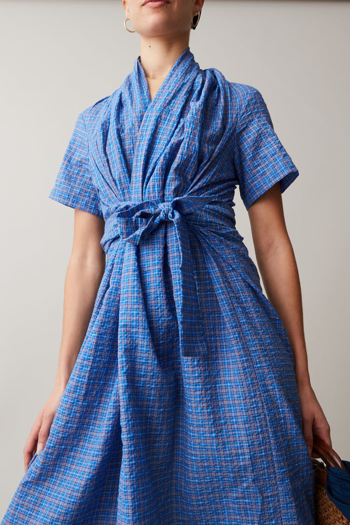 JOCELYN DRESS COTTON BLUE GAUZE PLAID CARON CALLAHAN