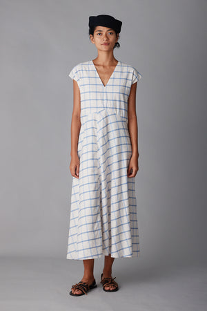 ENZO DRESS | CREAM & BLUE WINDOWPANE CARON CALLAHAN ENZO DRESS | CREAM & BLUE WINDOWPANE CARON CALLAHAN