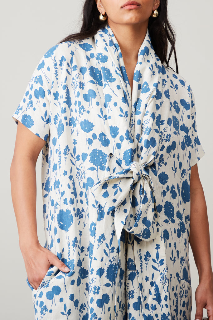 JULIEN DRESS BLUE FLOATING FLORAL LINEN CARON CALLAHAN