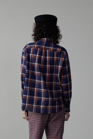 ALICE SHIRT WITH ROSETTE | BLUE AND PEACH PLAID