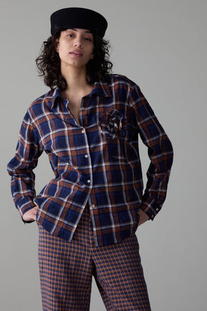 ALICE SHIRT WITH ROSETTE | BLUE AND PEACH PLAID