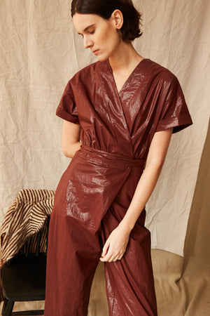 ODILE JUMPSUIT | CHOCOLATE SHINY COTTON  POPLIN