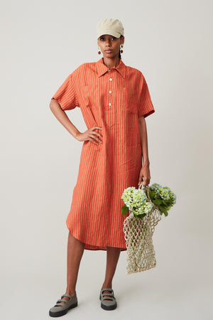 POLO SHIRTDRESS | TOMATO LINEN STRIPE