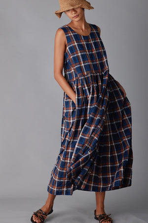 SYLVIA DRESS | NAVY & PEACH PLAID
