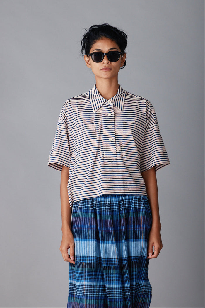 caron callahan ISSA TOP Blue Fine Jersey Stripe