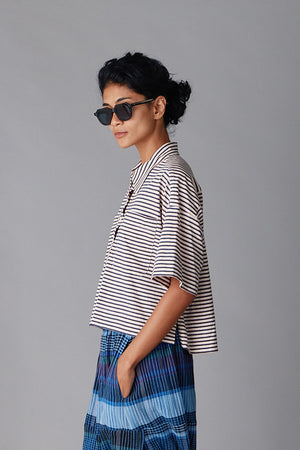 ISSA TOP | BLUE FINE STRIPE JERSEY